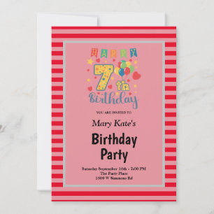 Red Stripes Framed 7th Birthday Party Invitation