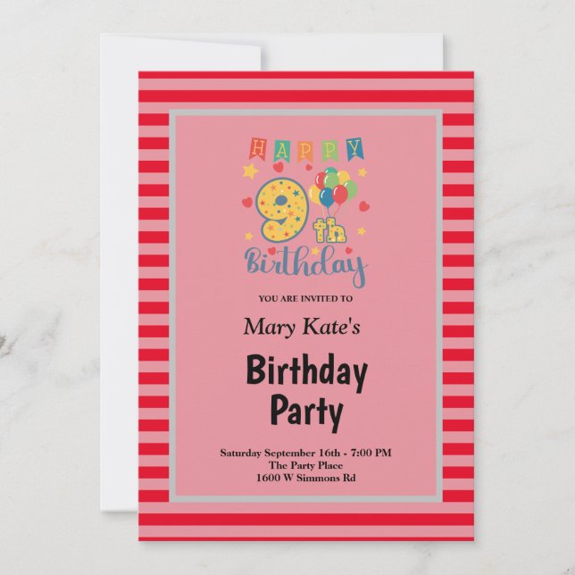 Red Stripes Framed 9th Birthday Party Invitation (Front)