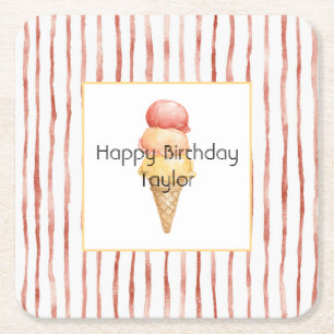Red Stripes Gelato Ice Cream Birthday Square Paper Coaster