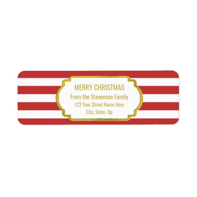 Red Stripes Gold Merry Christmas Return Address Label (Front)