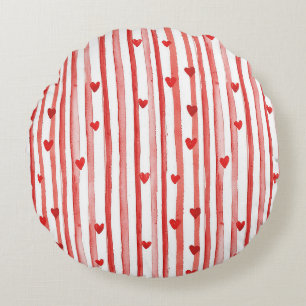 Red Stripes & Hearts Round Cushion
