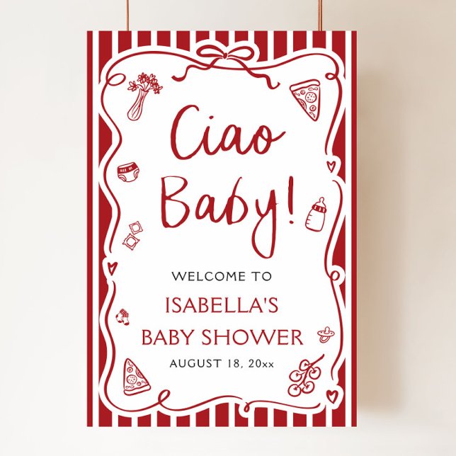 Red Stripes Italian Ciao Baby Baby Shower Welcome Poster (Red Stripes Hand Drawn Italian Ciao Baby Baby Shower Welcome Sign )