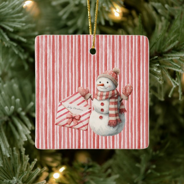 Red Stripes Jolly Christmas Snowman Ceramic Ornament (Tree)