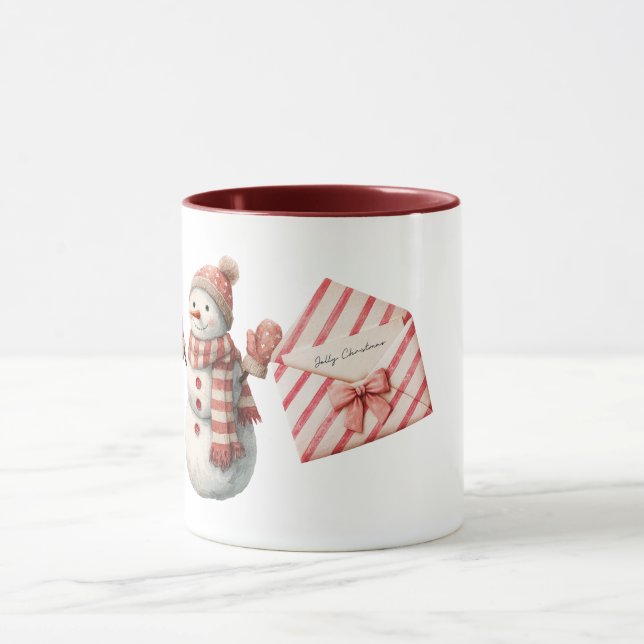 Red Stripes Jolly Christmas Snowman Mug (Center)