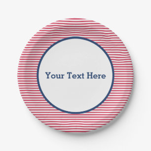 Red Stripes, Navy Border American, Patriotic Paper Plate