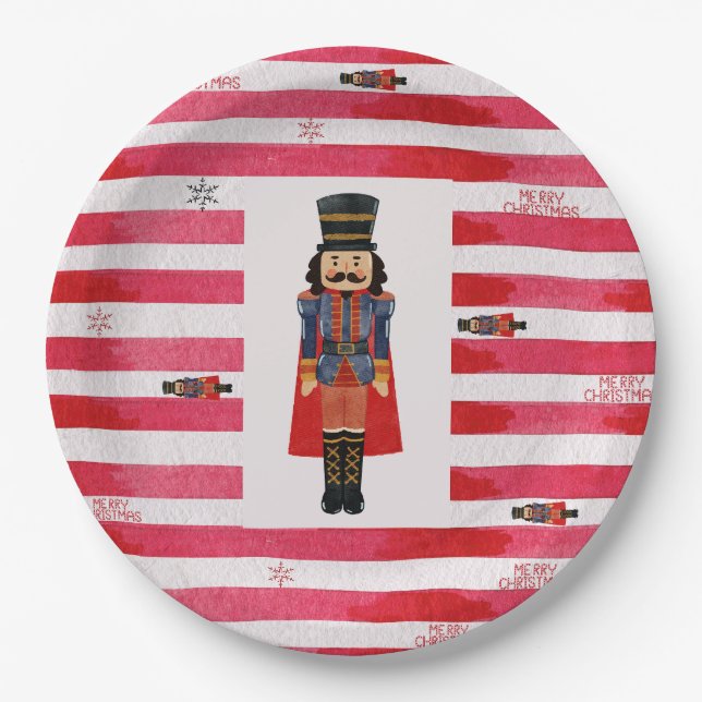 Red Stripes Nutcracker Christmas Paper Plates (Front)