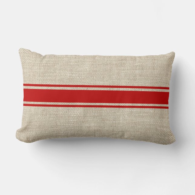 Red Stripes On Faux Burlap Throw Pillow (Front)