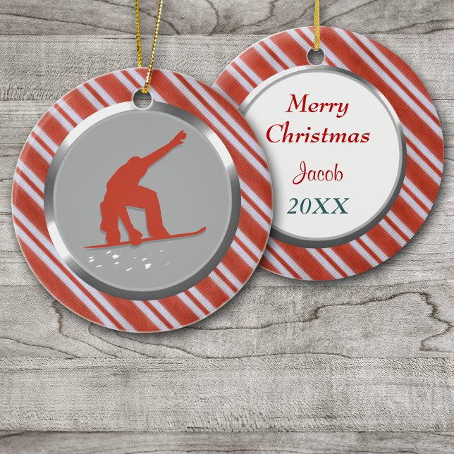 Red Stripes Snowboarder Personalised Christmas Ceramic Tree Decoration (Creator Uploaded)