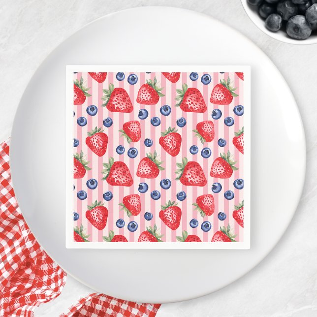 Red Stripes Strawberry Blueberry Birthday Party Napkin (Red Stripes Strawberry Blueberry Birthday Party Napkins)