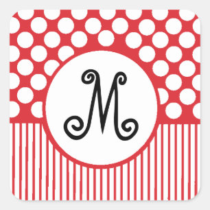 Red Stripes & White Dots Monogram Square Sticker
