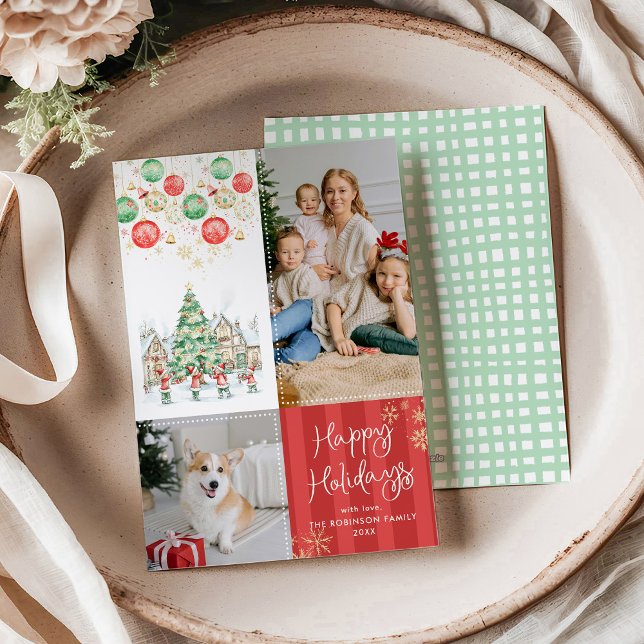 Red Stripes Winter Village Happy Holidays 2 Photo Holiday Card (Creator Uploaded)