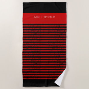 Red Stripes with Name on Black Beach Towel