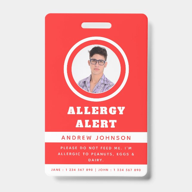 Red Student Photo Food Allergy Alert Emergency ID Badge (Front)