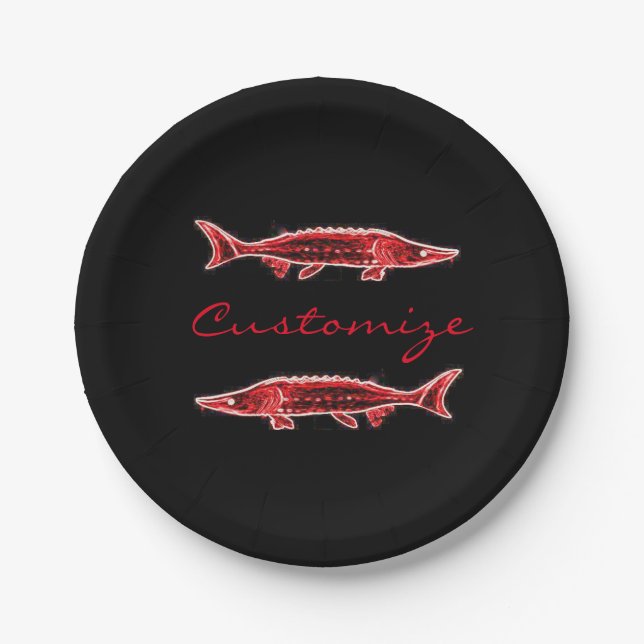red sturgeon swimming  paper plate (Front)