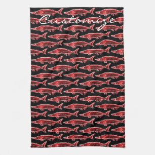 red sturgeon swimming tea towel