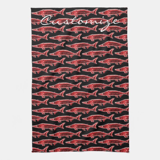 red sturgeon swimming tea towel (Vertical)