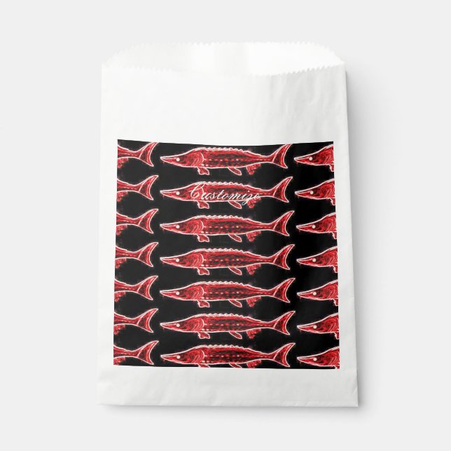 red sturgeons on black favour bag (Front)