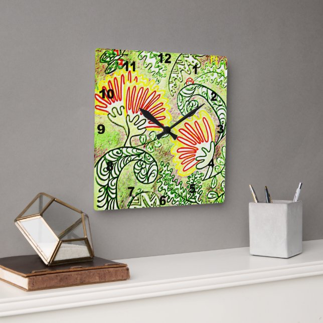 Red Styalised Christmas tree flowers Square Wall Clock (Office)