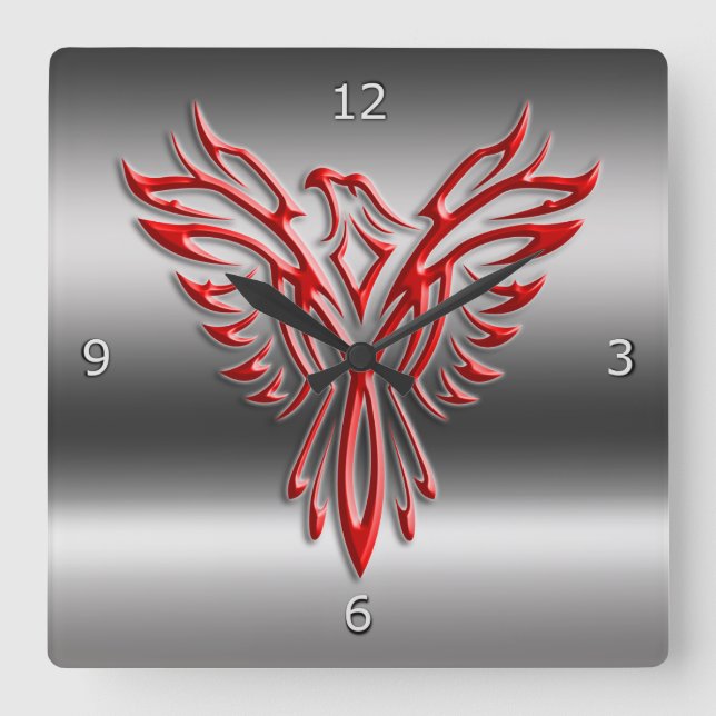 Red stylised Phoenix Rising on metallic-look Square Wall Clock (Front)