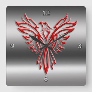 Red stylised Phoenix Rising on metallic-look Square Wall Clock