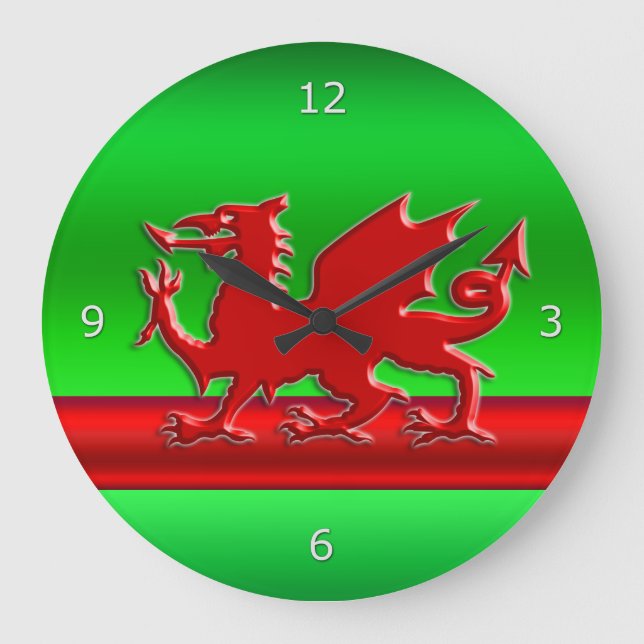 Red stylised Welsh Dragon on green metallic-look Large Clock (Front)