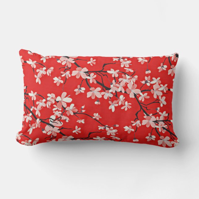 Red Stylish Cherry Blossom Floral Pattern Lumbar Cushion (Front)