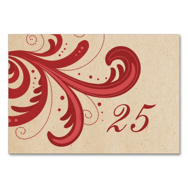 Red Stylish Swirls Table Card (Front)