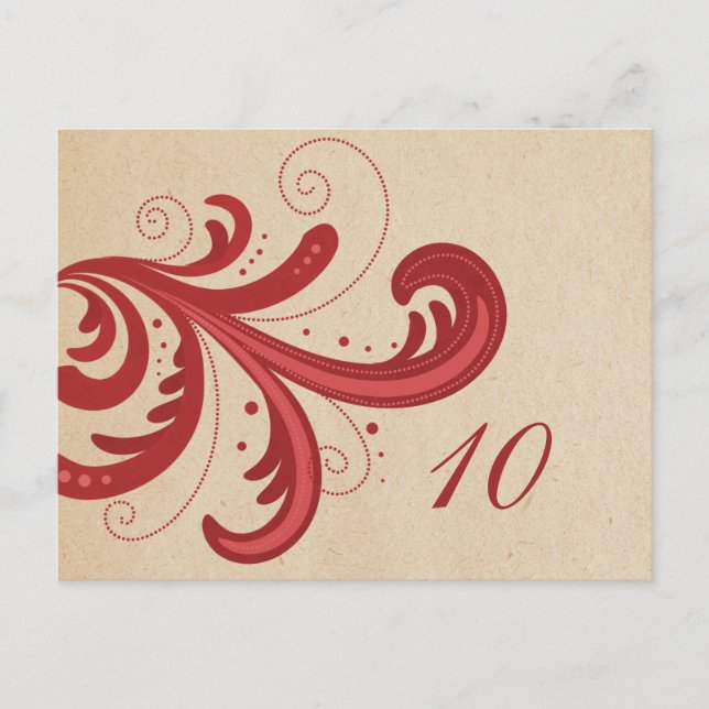 Red Stylish Swirls Table Number Postcard (Front)