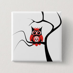 Red Sugar Skull Owl in Tree Button