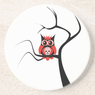 Red Sugar Skull Owl in Tree Coaster