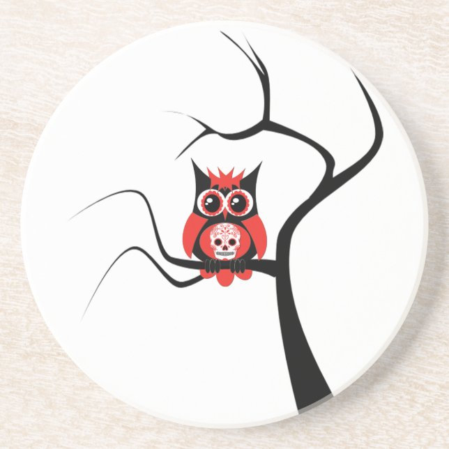 Red Sugar Skull Owl in Tree Coaster (Front)