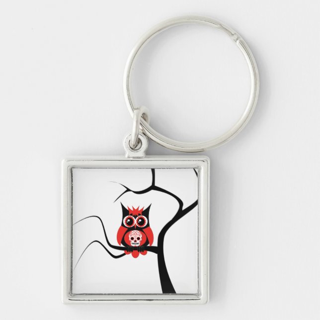 Red Sugar Skull Owl in Tree Keychain (Front)