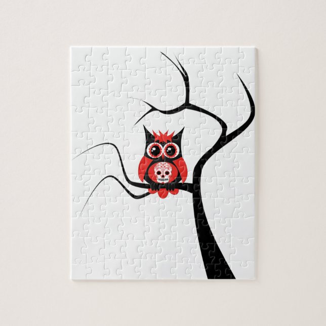 Red Sugar Skull Owl in Tree Puzzle (Vertical)