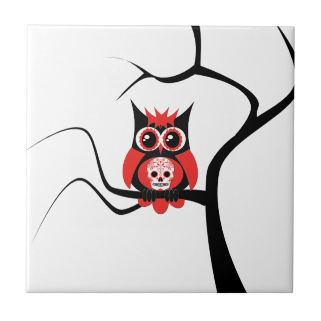 Red Sugar Skull Owl in Tree Tile (Front)