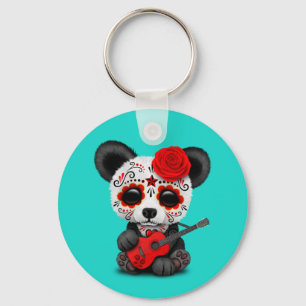 Red Sugar Skull Panda Playing Guitar Key Ring