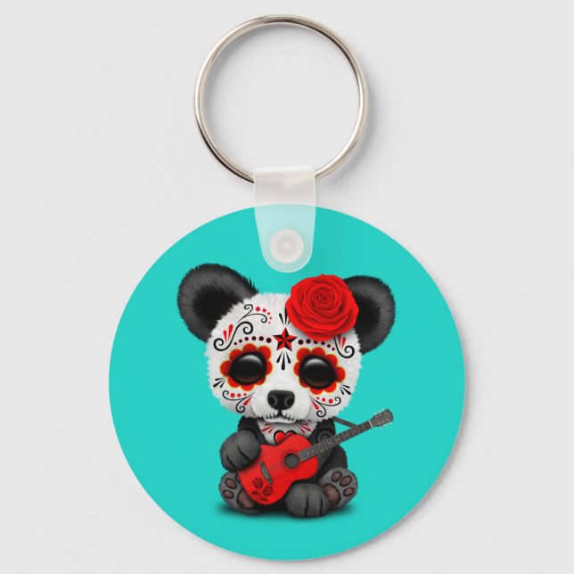Red Sugar Skull Panda Playing Guitar Key Ring (Front)