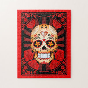 Red Sugar Skull with Roses Poster Jigsaw Puzzle