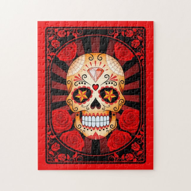 Red Sugar Skull with Roses Poster Jigsaw Puzzle (Vertical)