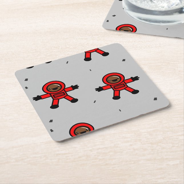Red suit astronauts on grey  square paper coaster (Angled)