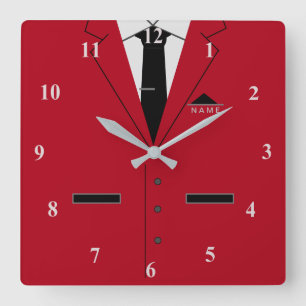 Red Suit & Black Necktie - Add your name / text Square Wall Clock
