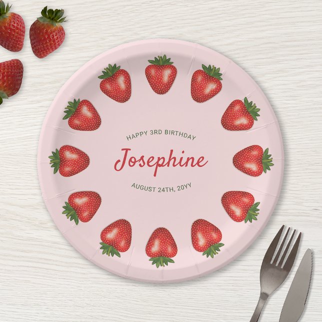 Red Summer Strawberries On Pink Birthday Paper Plate (Creator Uploaded)