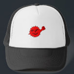 Red Sun Cheer Mascot Trucker Hat<br><div class="desc">Vivid red sun mascot with a raised fist on black. Bold cartoon style,  playful and energetic,  perfect for youth apparel,  sportswear,  and event branding that stands out.</div>