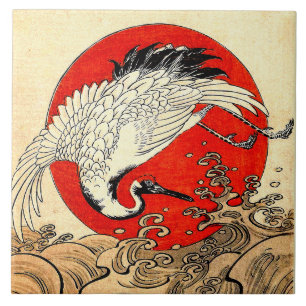 RED SUN ,JAPANESE FLYING CRANE AND SEA WAVES CERAMIC TILE
