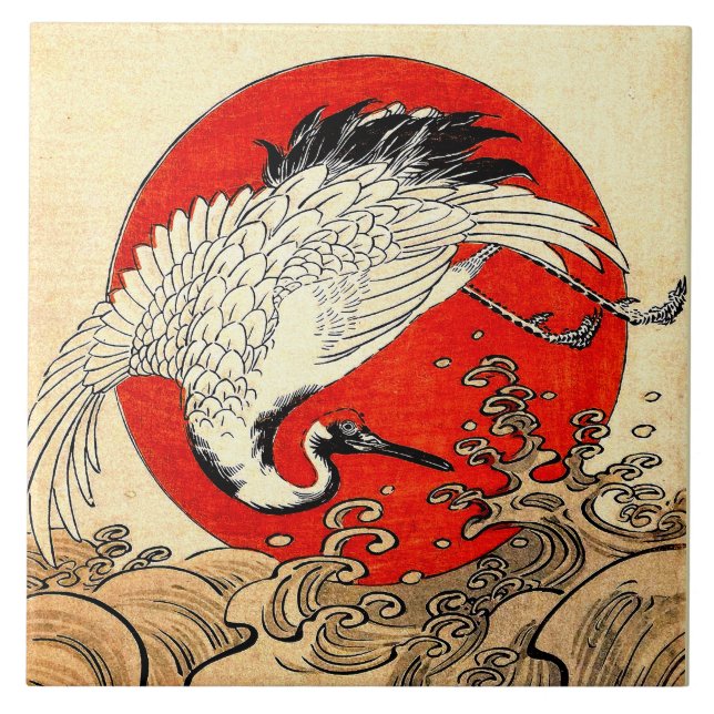 RED SUN ,JAPANESE FLYING CRANE AND SEA WAVES  CERAMIC TILE (Front)