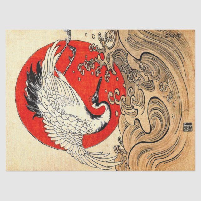 RED SUN ,JAPANESE FLYING CRANE AND SEA WAVES  TISSUE PAPER (Front)