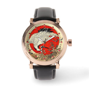 RED SUN ,JAPANESE FLYING CRANE AND SEA WAVES WATCH