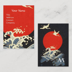 RED SUN ,JAPANESE FLYING CRANES,SEA WAVES IN BLACK BUSINESS CARD