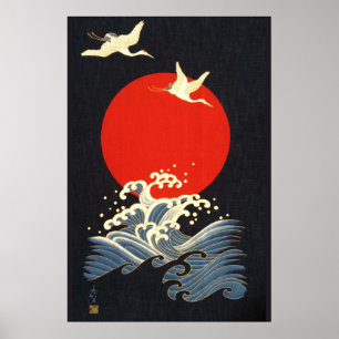 RED SUN ,JAPANESE FLYING CRANES,SEA WAVES IN BLACK POSTER