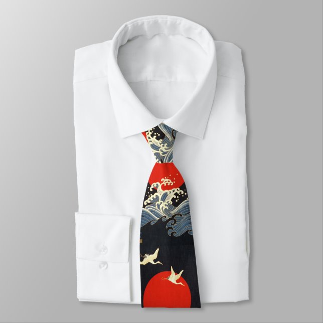 RED SUN ,JAPANESE FLYING CRANES,SEA WAVES IN BLACK TIE (Tied)