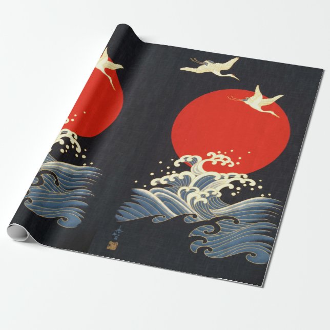 RED SUN ,JAPANESE FLYING CRANES,SEA WAVES IN BLACK WRAPPING PAPER (Unrolled)